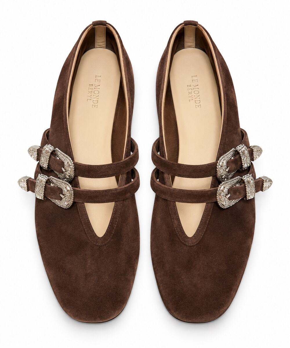 Le Monde Beryl Claudia Brown Suede Double Buckle Ballet Flats Shoes 38 8
